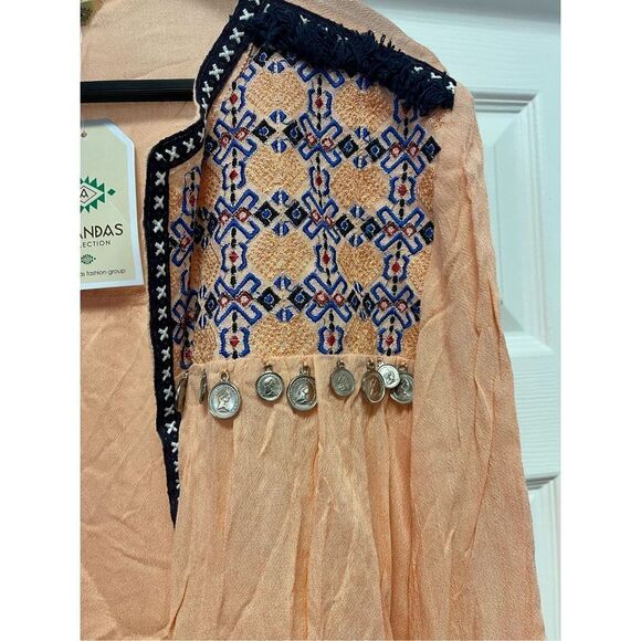 Anandas Collection Peach Embroidered Fringe & Coin Adorned Open Front Kimono sz - Picture 5 of 10